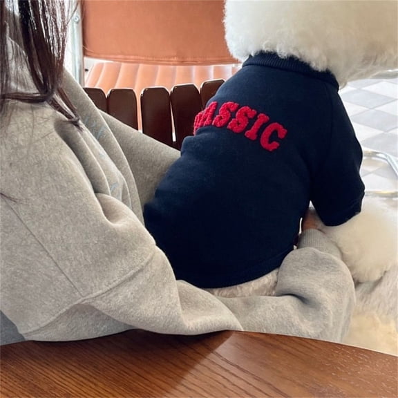 Winter Warm Letter Print Pet Hoodie, Round Neck Fleece Dog Cat Sweater, Fashion Pullover Pet Clothing for Bichon Poodle Pomeranian L Blue