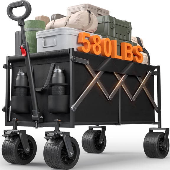 Goosiay Collapsible Wagon Cart with Tank Wheels, 580lbs Heavy Duty Folding Utility Wagon with Flexible Handle for Camping, Grocery, Garden, Sports & Shopping, Black