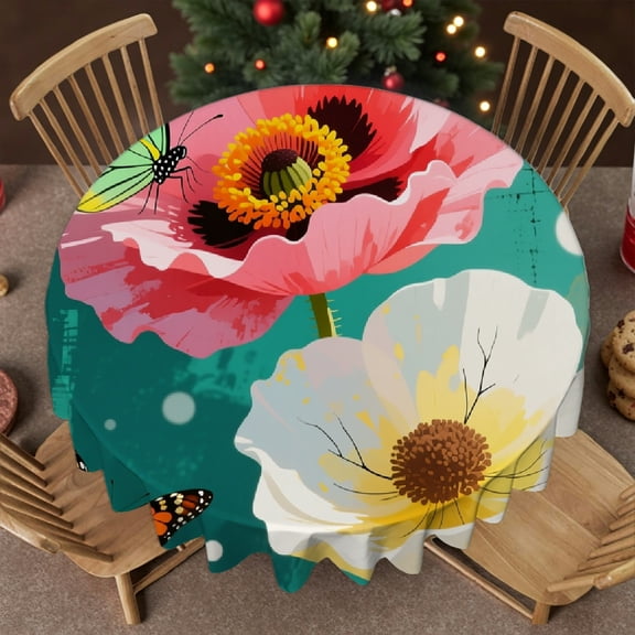 1pc Green Sunflower Print Tablecloth for dining table round, Machine-Made , Green Sunflower