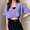 thumbnail image 3 of Xinhuaya Women V Neck Loose T Shirt Summer Navel Exposed Short Sleeves Knitted Tops, 3 of 3