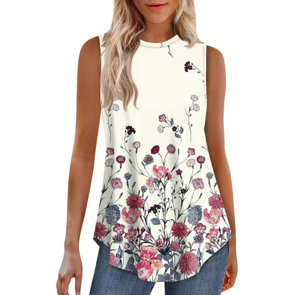 Xyxonk Spring Outfits for Women 2025 Plus Size Casual Flowy Round Neck Tank Tops Tunic Sleeveless Summer Tops Plus Size Spring Clothes Floral Beige S