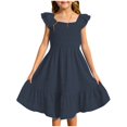 thumbnail image 1 of Robe Fille Été Unie Smockée Sans Manches Robe d'Été pour Enfants Filles Décontractée Plage Vacances Robes Robe Fille Marine 5 Ans-6 Ans, 1 of 7