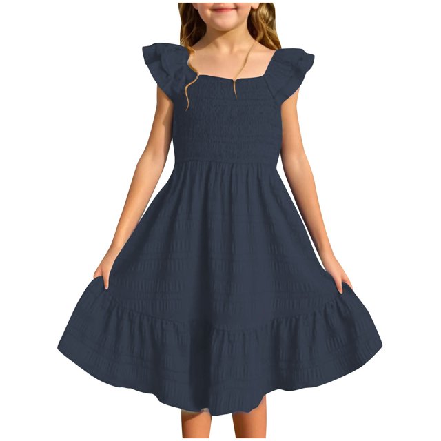 Robe Fille Été Unie Smockée Sans Manches Robe d'Été pour Enfants Filles Décontractée Plage Vacances Robes Robe Fille Marine 5 Ans-6 Ans