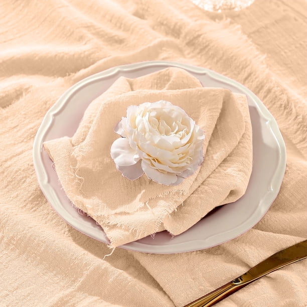 Lot 12 Serviettes Table Coton Lin 42×42 Cm Rose Poudré - Franges & Pompons Rustiques Chic