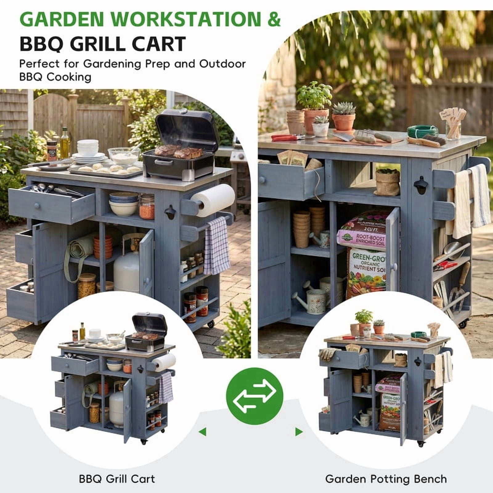Outdoor Solid Wood Kitchen Island, Extendable Stainless Steel Top Grill Table with Drop Leaf, Storage Kitchen Cart