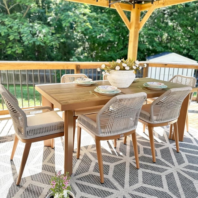 PURPLE LEAF 7 Pieces Modern Patio Dining Set, Rectangular Aluminum Outdoor Table and 6 All-Weather PE Rattan Chairs Set for Kitchen Porch and Garden, Deep Teak