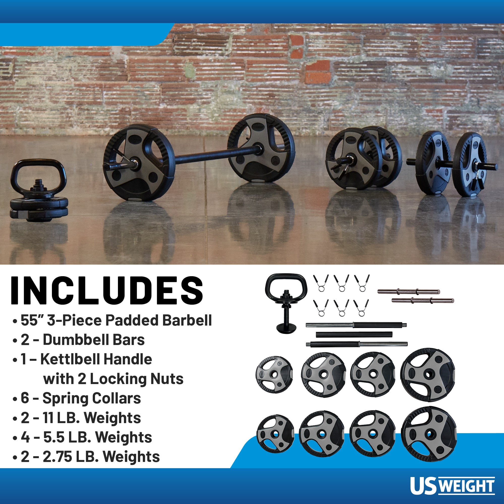 US Weight 54 LB Adjustable Weight Set with Barbell, Dumbbells, and Kettlebell for Home Workouts