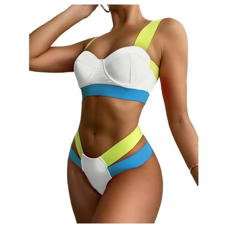 

Amuver Women Two Piece Swimsuit Contrasting Color Bandage Wide Straps Underwire Bra Briefs Split Swimwear