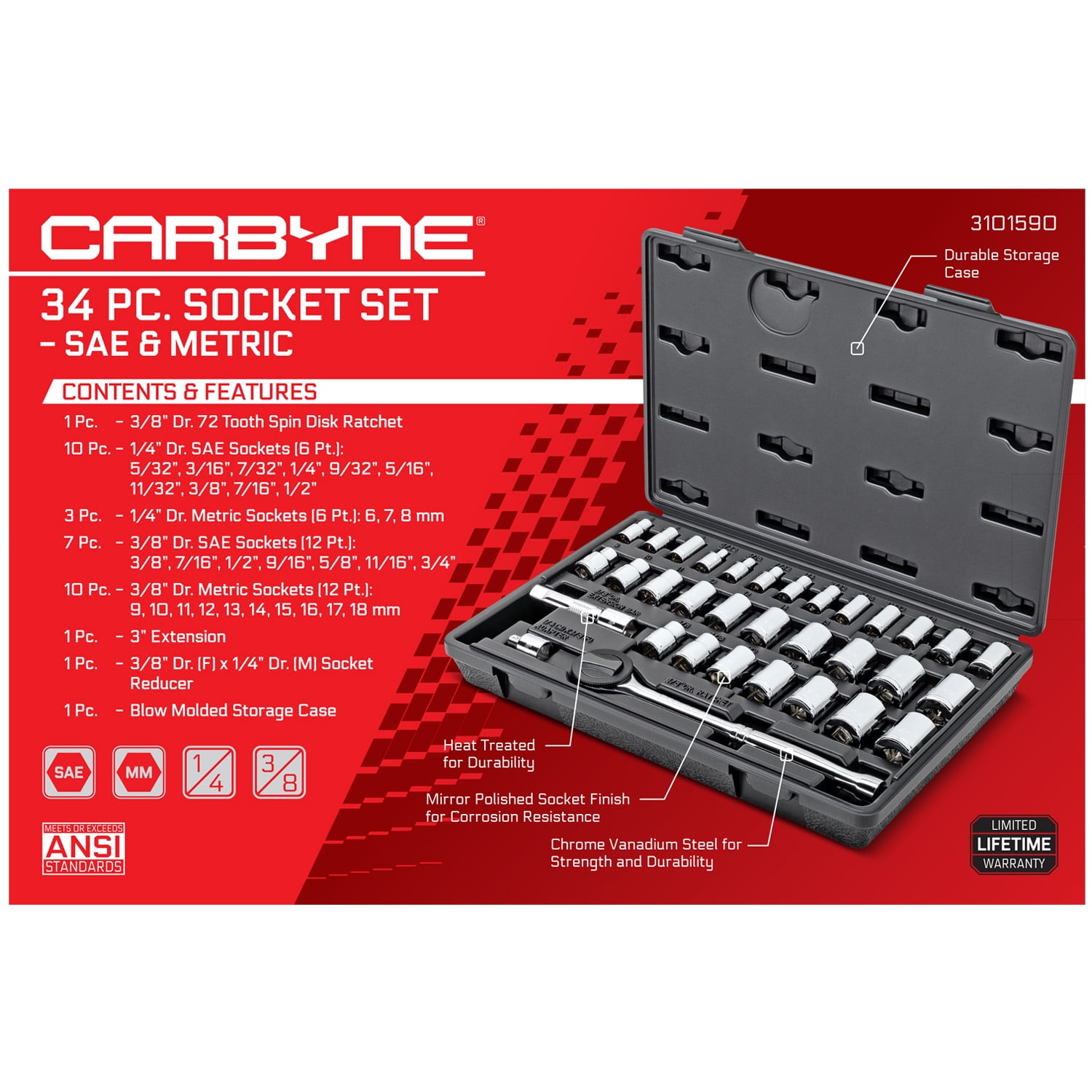 Carbyne 34-Piece 1/4 and 3/8 in. Drive Socket and Ratchet Set, SAE and Metric, CrV Steel, 72-Tooth Ratchets, 6 and 12 Point, Compact Storage Case