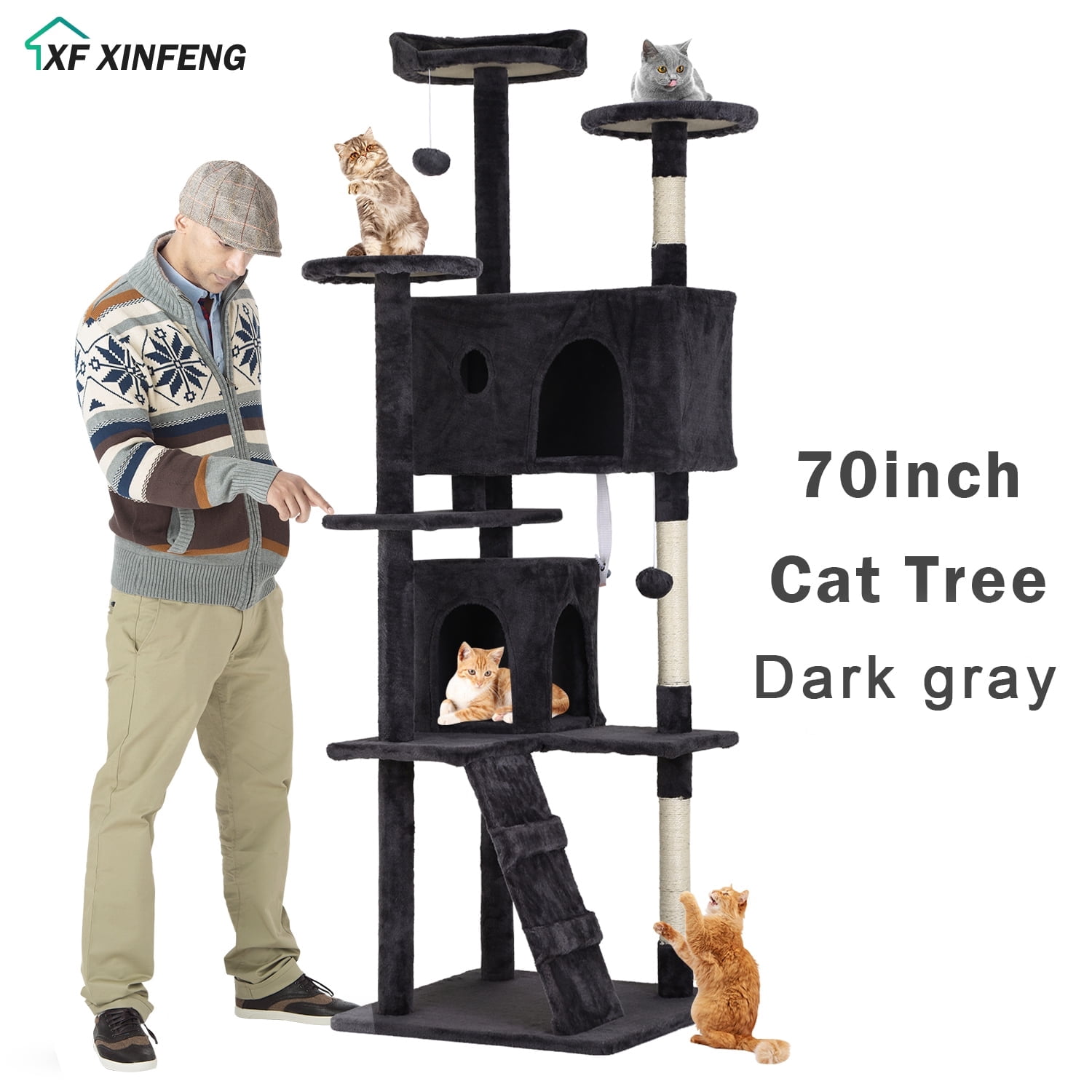 XF XINFENG 70" Cat Tree Tower Playhouse for Indoor Cats with Scratching Posts, Multi-Level Pet Cozy Condo Furniture, Dark Gray