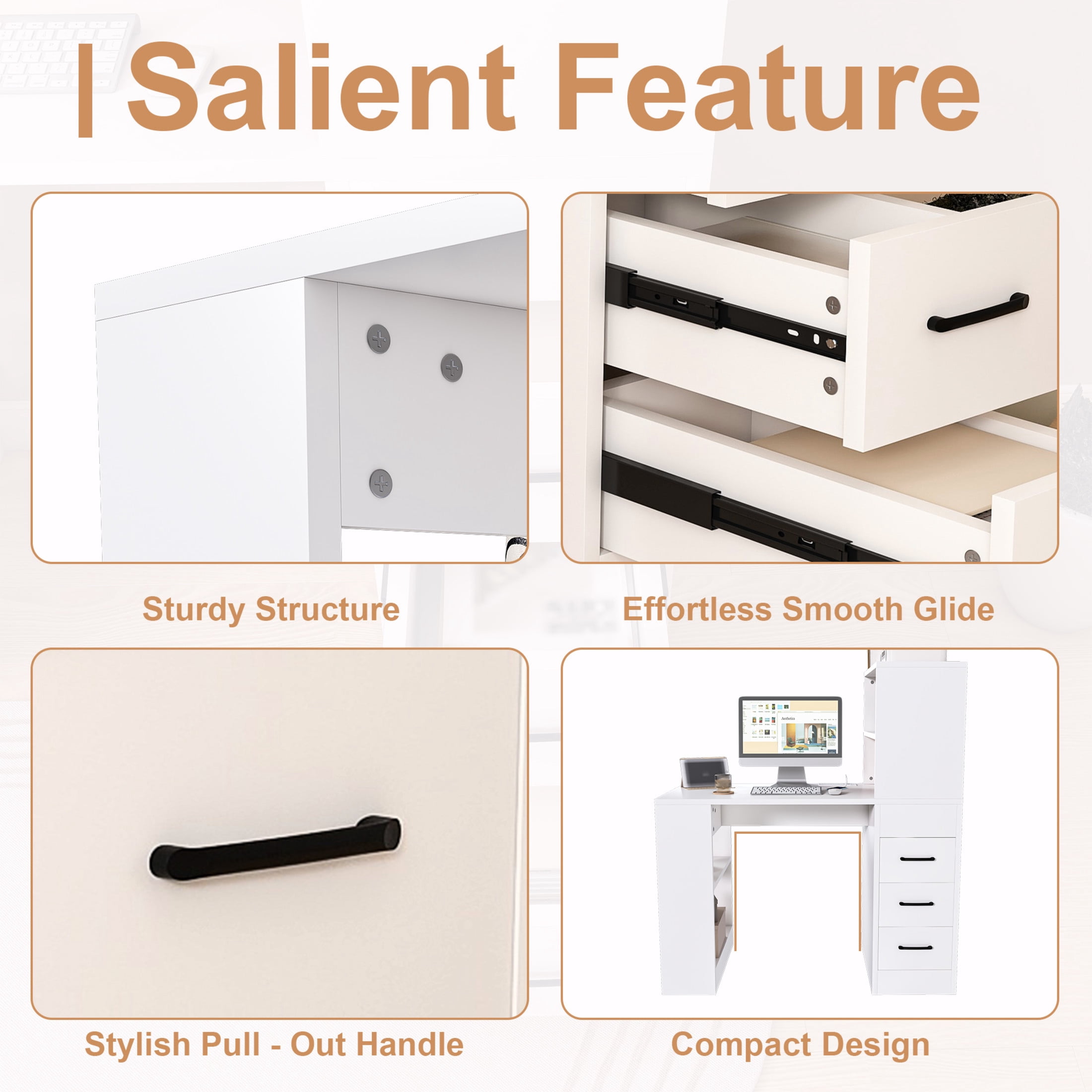 Noble House Computer Desk with Socket, 3 Drawers and 4 Storage Shelves, Modern Wooden Home Office Desk, White