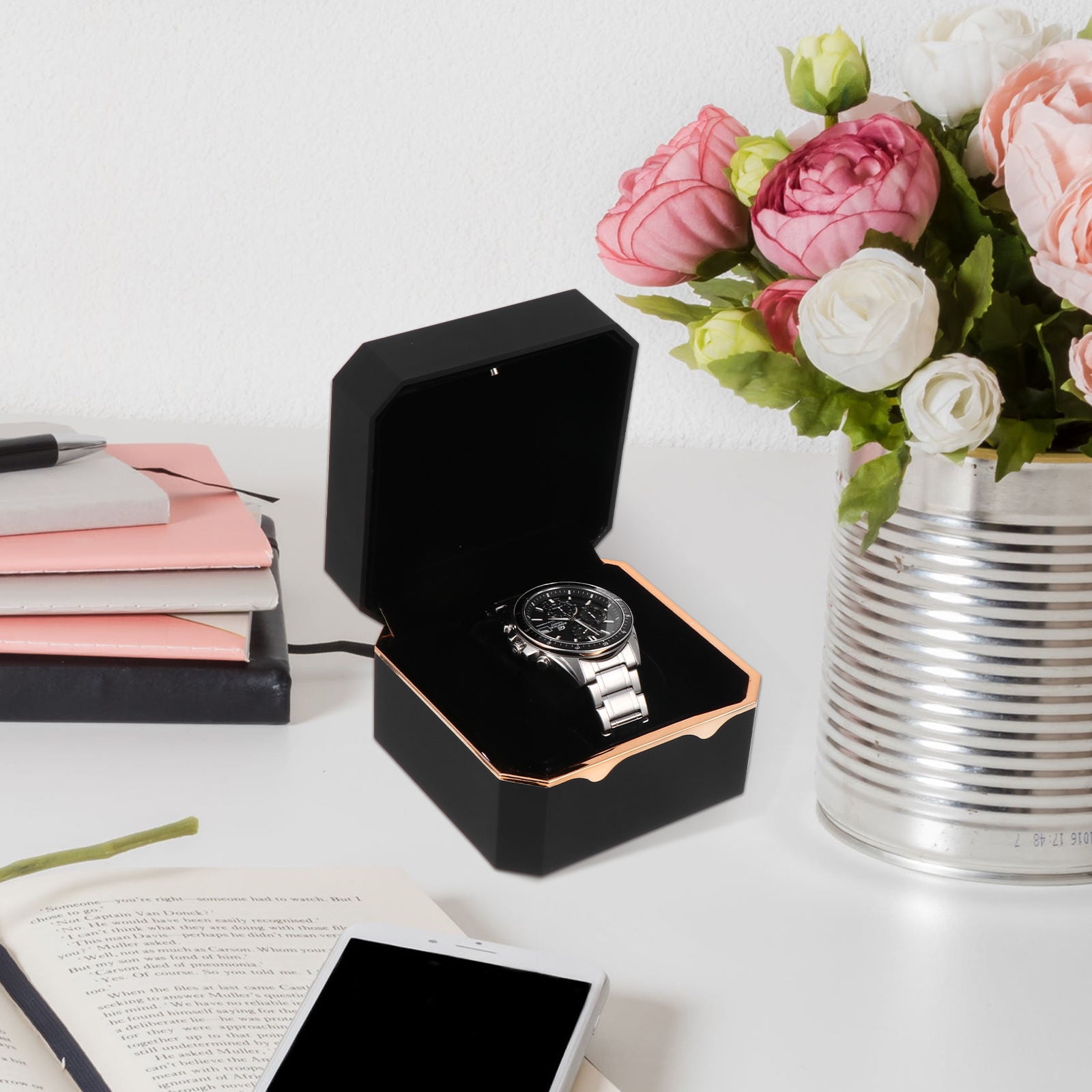 LIFKOME Octagonal Black Watch Case with Light LED Interior for Secure Storage and Stylish Display