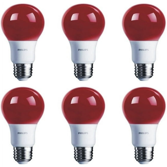 Case of 6 - Philips Party LED 8W A19 Light Bulb (Red) 60W Replacement