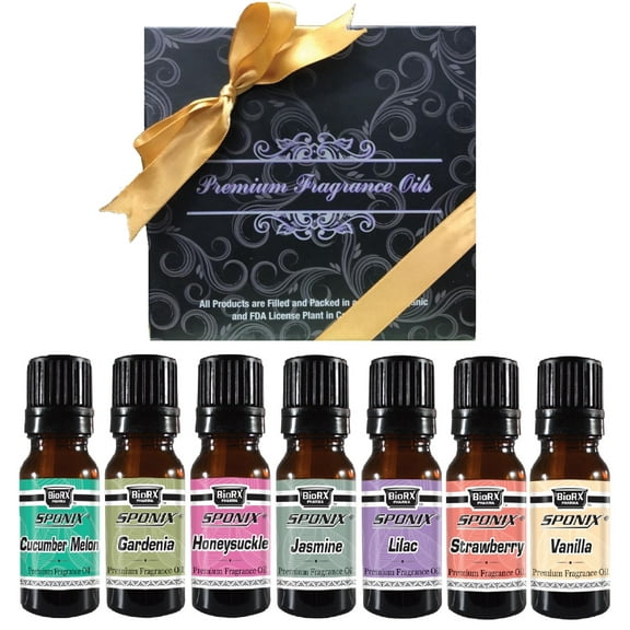 Fragrance Oil Gift Set of 7 Aromatic Premium Grade Scented Perfume Oil (7 x 10 mL) Jasmine, Cucumber Melon, Gardenia, Honeysuckle, Strawberry, Lilac & Vanilla Made In USA by Sponix
