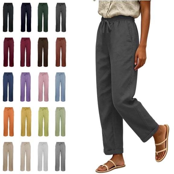 Bmisegm Casual Pants for Women Drawstring Waist Side Pockets Regular Fit Solid Color Straight Leg Pants Women