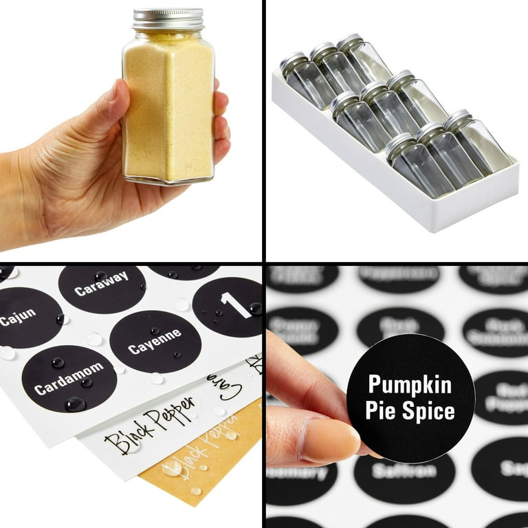 Talented Kitchen Spice Drawer Organizer with Jars and Labels with 18 Empty 4-oz Bottles, 416 Seasoning Labels, 2 Pcs 3-Tier Drawer Trays, 5.9 x 15 in