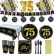 Trgowaul 75th Birthday Party OIF8Supplies - Black and Gold Paper Plates, Napkins, Cups, Tablecover Forks, Knives and Spoons for 24 Guests and Party Number Balloon Decorations Banner