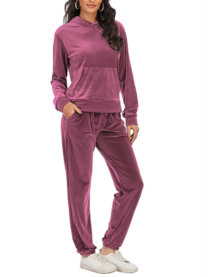 Classic Women's Long Sleeve Solid Velour Sweatsuit Set Hoodie and - Main Image