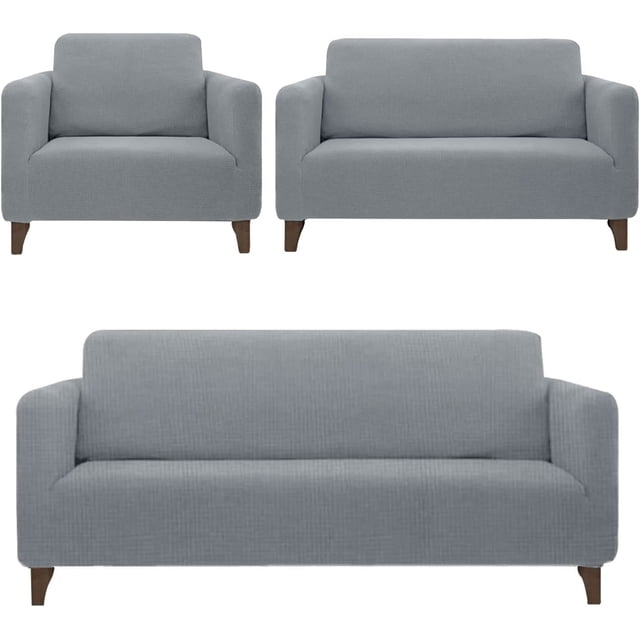 cubre sala melocotton ajustable stretch fit elástico 3 piezas gris — fundas elásticas gris para sofá individual, love seat y sofá 3 plazas, vista frontal; tejido 95% poliéster 5% spandex con acabado extrasuave y anti manchas, ajuste ceñido con elástico en los bajos, diseñadas para proteger contra mascotas, niños, polvo y manchas; también aptas como funda temporal para renovación de sala.