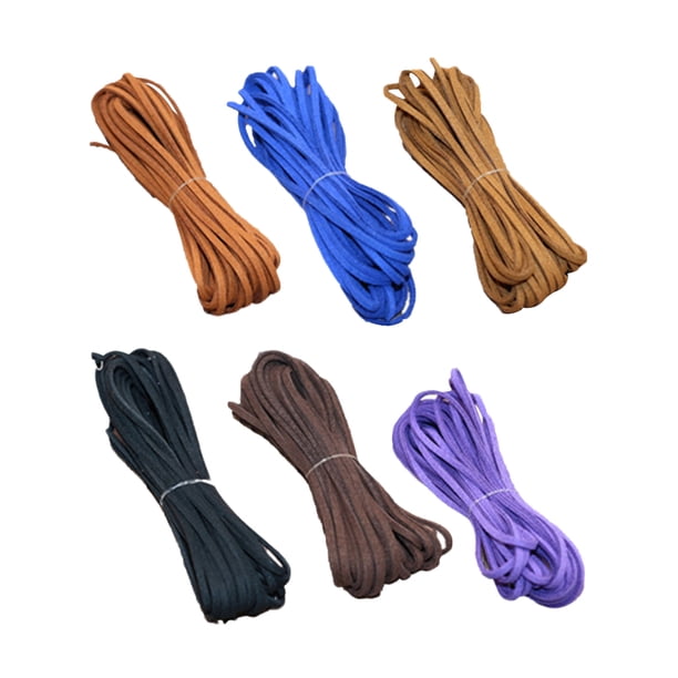 6 piezas 5 metros 3 mm de cuero de imitación plana cordones cuerda de terciopelo para hacer collar pulsera (marrón, púrpura, zafiro, negro, amarillo y café)