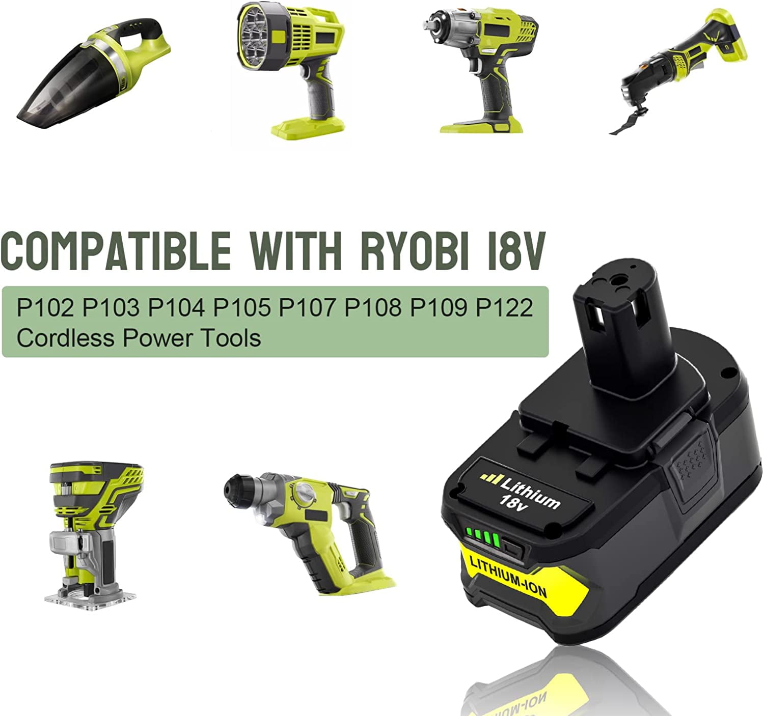 2Pack 6.0Ah High Capacity P108 Replacement for Ryobi 18V Battery Lithium Ion P102 P103 P104 P105 P107 P108 P109 P122 Compatible with Ryobi Cordless Power Tools