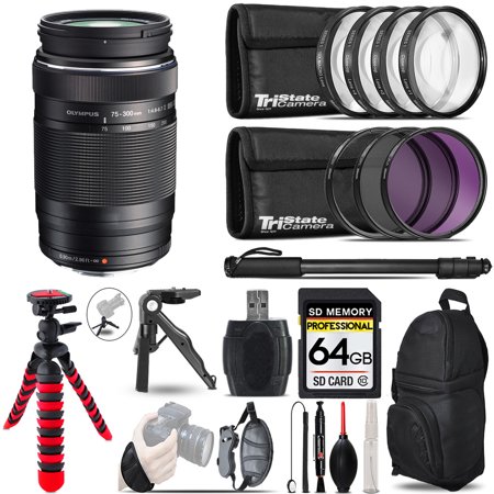 Olympus M.Zuiko Digital ED 75-300mm f/4.8-6.7 II Lens+ MACRO  UV-CPL-FLD Filter + Monopad - 64GB Accessory Kit