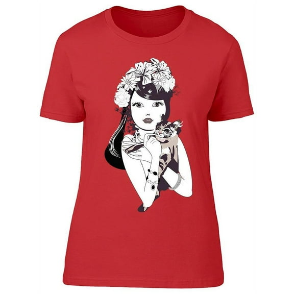 Woman With Her Cat Flowers T-Shirt Women -Image by Shutterstock, Female Medium