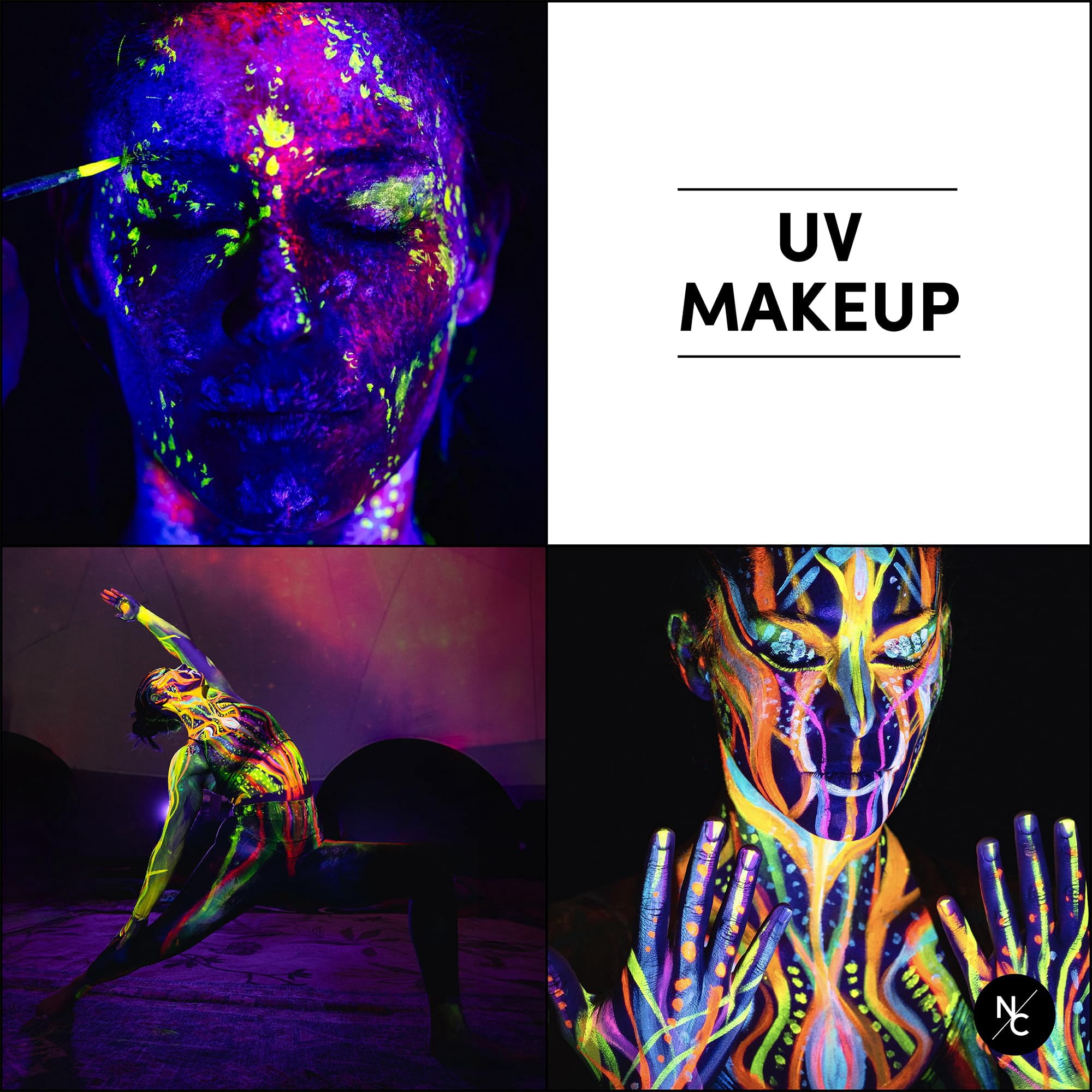 Narrative Cosmetics UV 12-Color Palette - Water-Activated Neon Glow Makeup for Face & Body - Fluorescent Shades for SFX, Party Makeup, Cosplay & Theatrical Performances