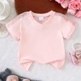 thumbnail image 4 of Girls Solid Color V Neck Short Sleeve T-Shirt Kids Mesh Cutout Splicing Shoulder Stitching Blouse Breathable Casual Summer Tee Top for Daily Wear(Pink,6-7 Years), 4 of 9