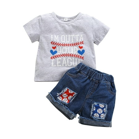 

DNDKILG Toddler Baby Girls 2 Piece Short Sleeve Summer T Shirts and Denim Shorts Set Clothes Set Outfits Letter Print with Gray 1Y-6Y 110