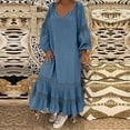 thumbnail image 2 of Womens Puff Long Sleeve Lace Hollow Out Maxi Dress V Neck Loose Flowy Ruffle Long Maxi Dress Solid Color Fall Dress, 2 of 7
