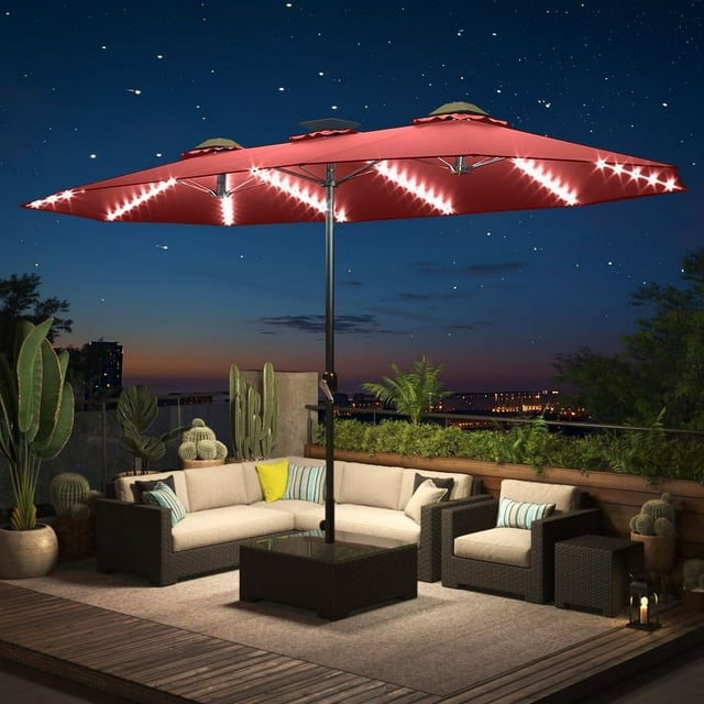 YODOLLA 15FT Double-Sided Patio Umbrella with Solar Lights, Rectangular Outdoor Umbrella, Red
