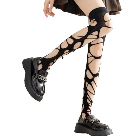 Huhudde Women Fishnet Stockings Tattered Thigh High Socks Mesh Net Over the Knee Socks