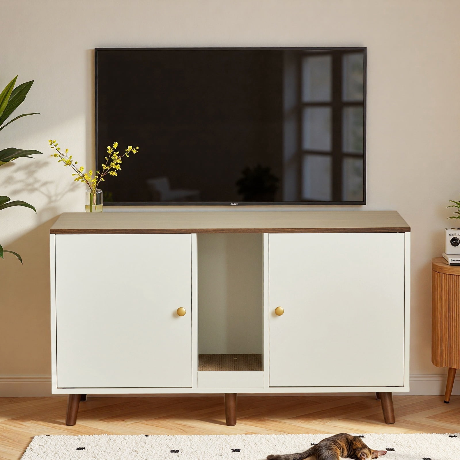 JanflyHome Double Cat Litter Box Enclosure, Hidden TV Stand Cat Litter Box Furniture for Living Room, White