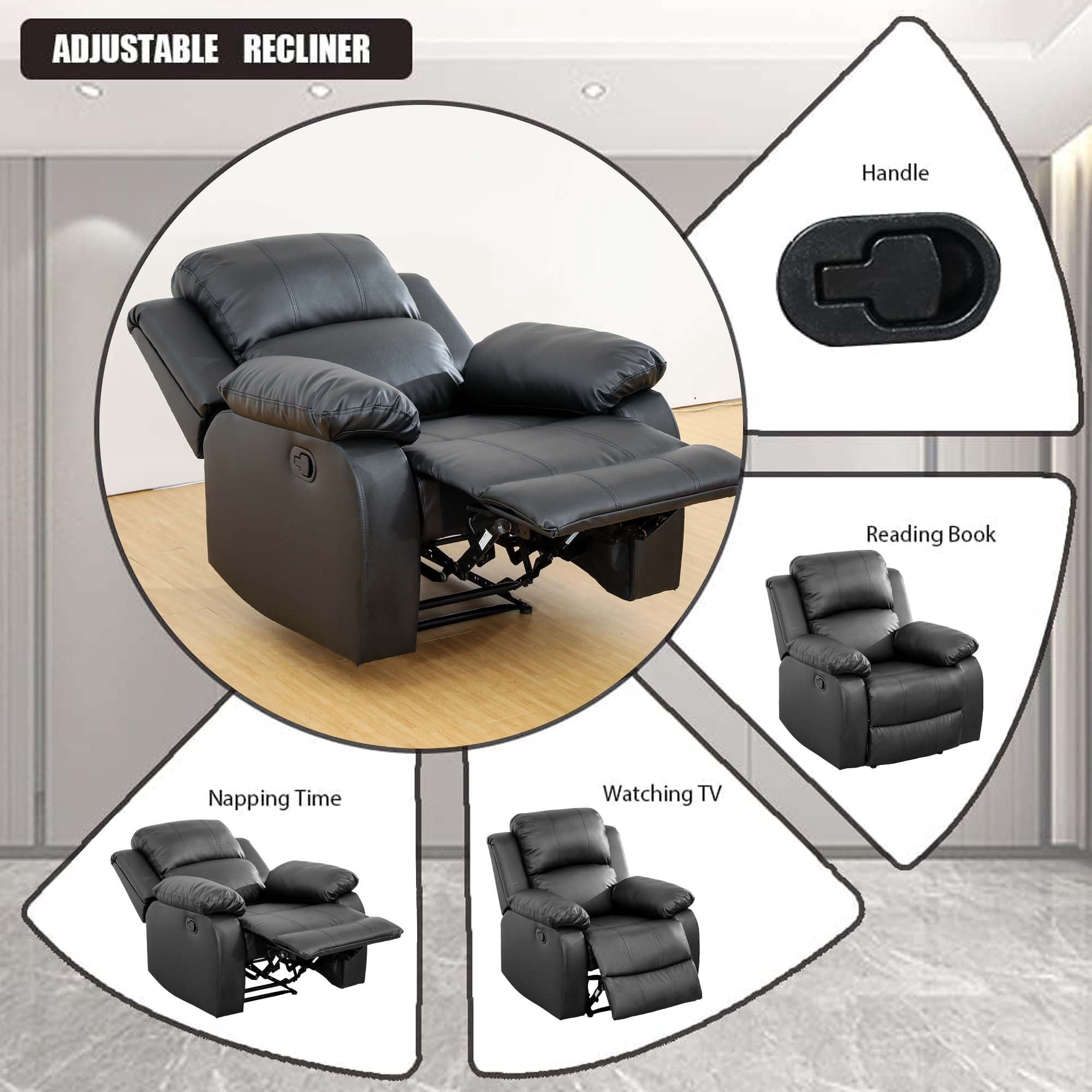 Aukfa Faux Leather Manual Recliner Chair Single Sofa Armchair for Living Room, Bedroom, Black