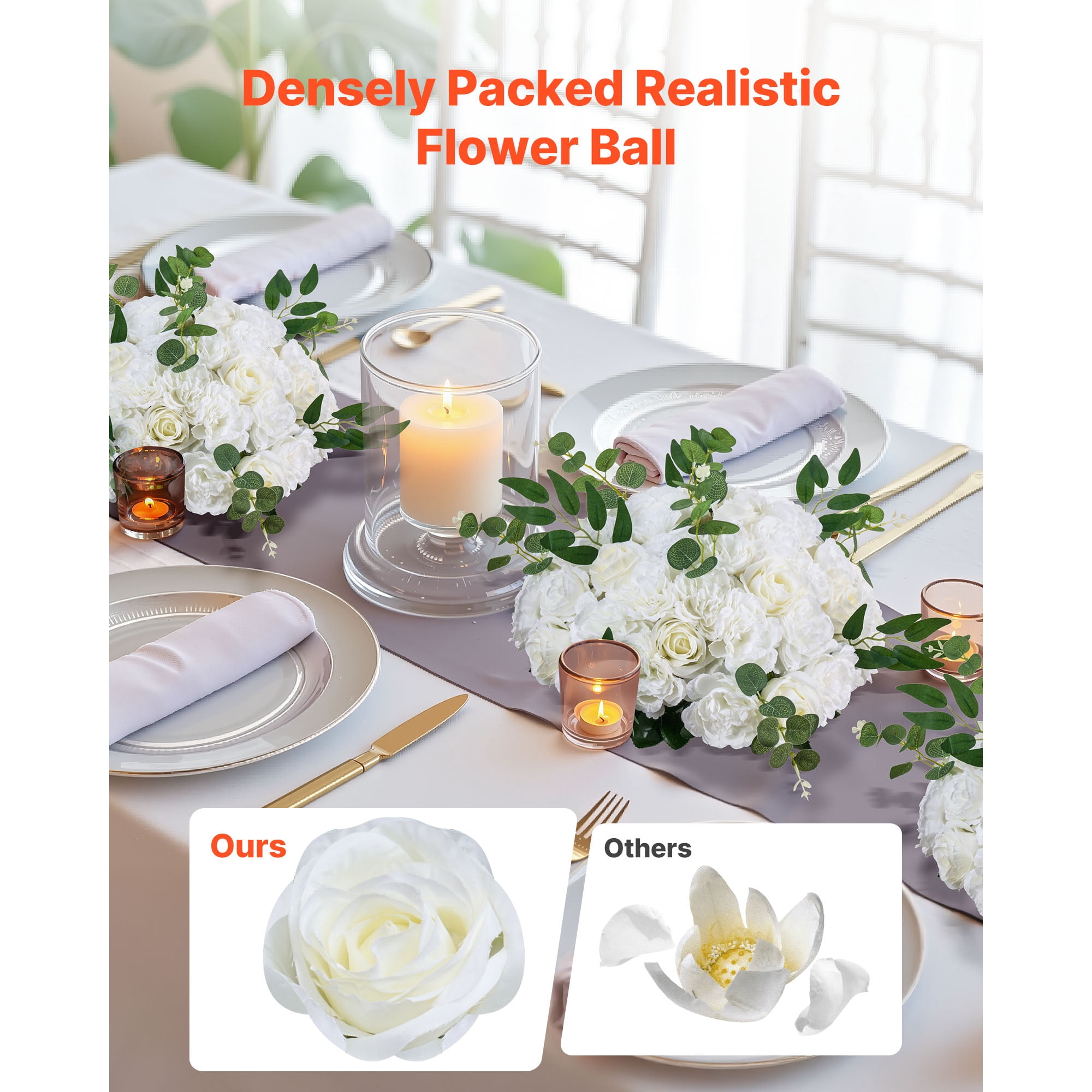 KFFKFF Set of 10 Artificial Flower Balls, 17.7-Inch Diameter White Rose Arrangements, Decorative Faux Floral Centerpieces for Weddings, Home, and Table Decor