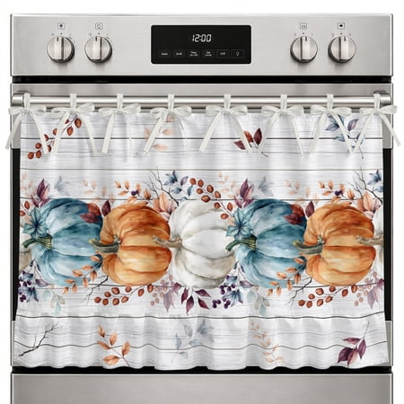 Farmhouse Oven Skirt Curtain Fall Pumpkins Oven Curtain Tie Top Thanksgiving Eucalyptus Leaves Grey Wood Stove Skirt Curtains with Ties&Ruffle Trim Dishwasher Skirts Curtains for Cabinet 32 x24