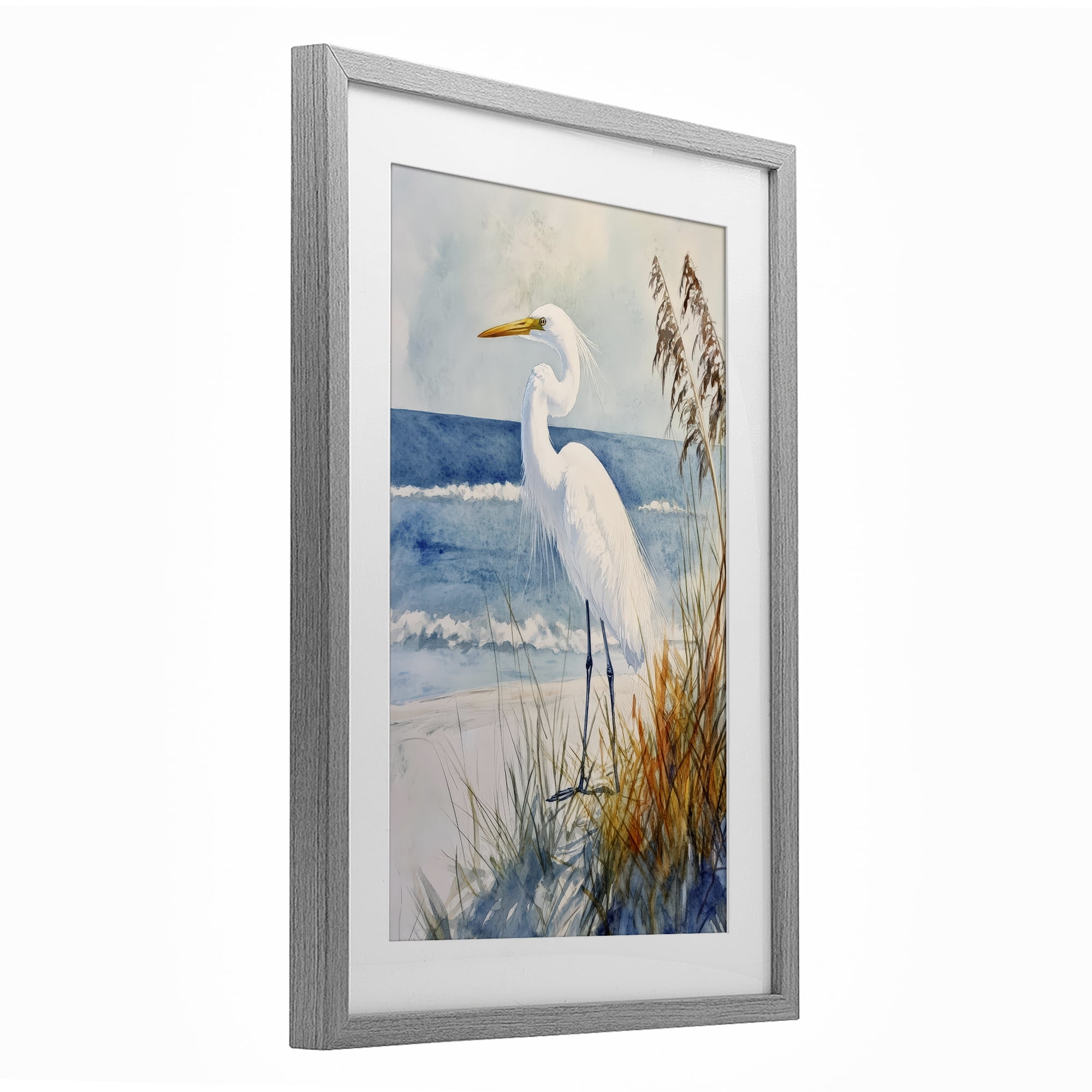 Stupell Industries Egret By The Waves Gray Framed Print Under Glass, design by Petal Prints Design