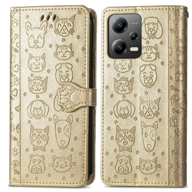 Funda Cartera FOXDOCK para XIAOMI POCO X5 , Flip PU con Relieve de Gatos y Perros, Tarjetero y Soporte