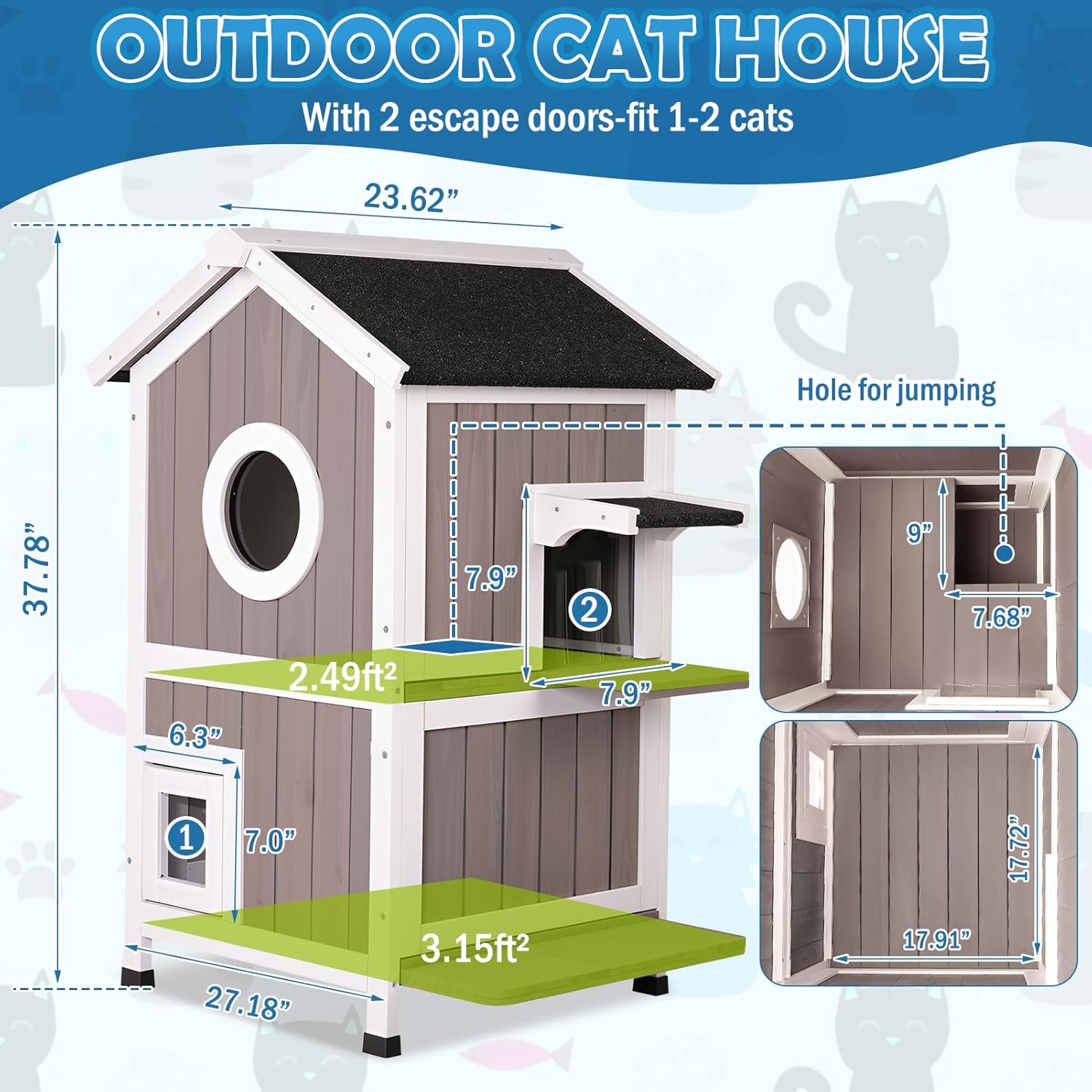 2 Story Outdoor Cat House for Winter Weatherproof Feral Cat Enclosure Shelter with Escape Door Balcony Openable Roof