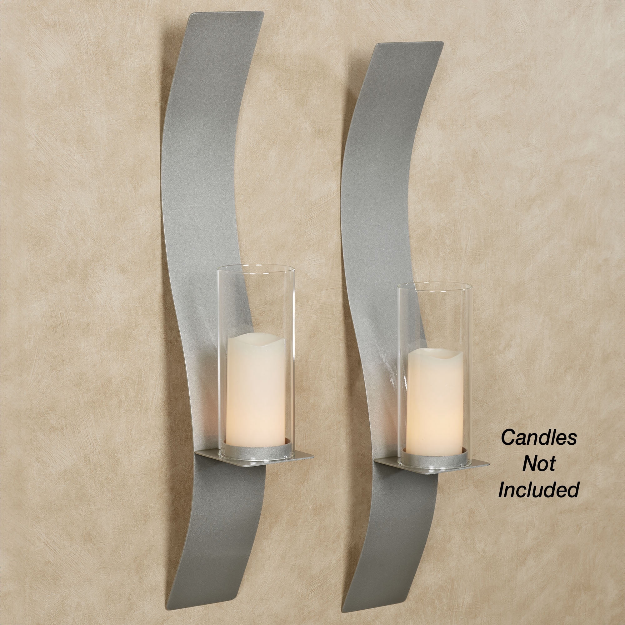 Sinuous Wall Sconce Pair Silver - Handcrafted Steel - Glass Hurricane - Set of 2 - Metal Sconces Holder for Bedroom, Bathroom, Living Room, Kitchen Walls Large 32 Inches High