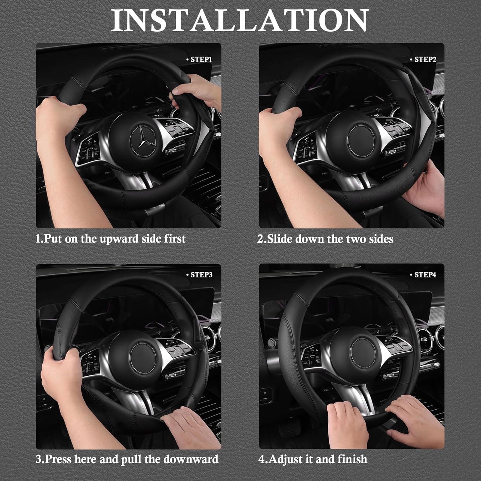 CAR GRAND Faux Leather Car Steering Wheel Cover Combo Pack Car Floor Mats, Universal Fit Waterproof Anti-slip Carpet 14.5-15 Inches Black & Black