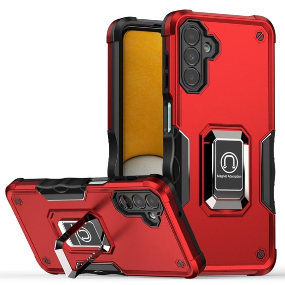 TJS Phone Case for Samsung Galaxy S22, [Military Grade] Heavy Duty Protective Cover, Magnetic Support Ring Kickstand Case for Samsung S22 (Red)