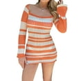 thumbnail image 6 of Biekopu Women's Summer Knit Slim Dress, Stripe Print Long Sleeve Crochet Eyelet Hollow Out Short Dress, 6 of 9