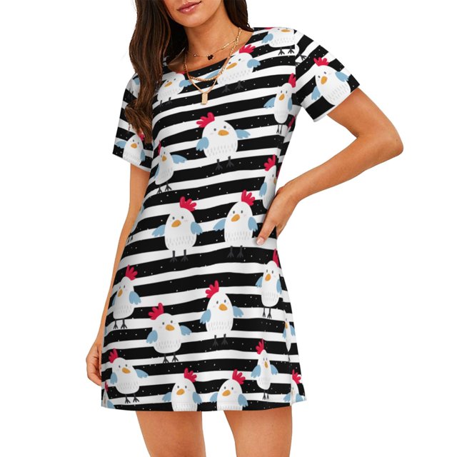 Disketp Cute Chicken para Camisón Corto de Manga Corta para Mujeres, Camisón Cómodo con Escote Redondo, Bonito y Confortable