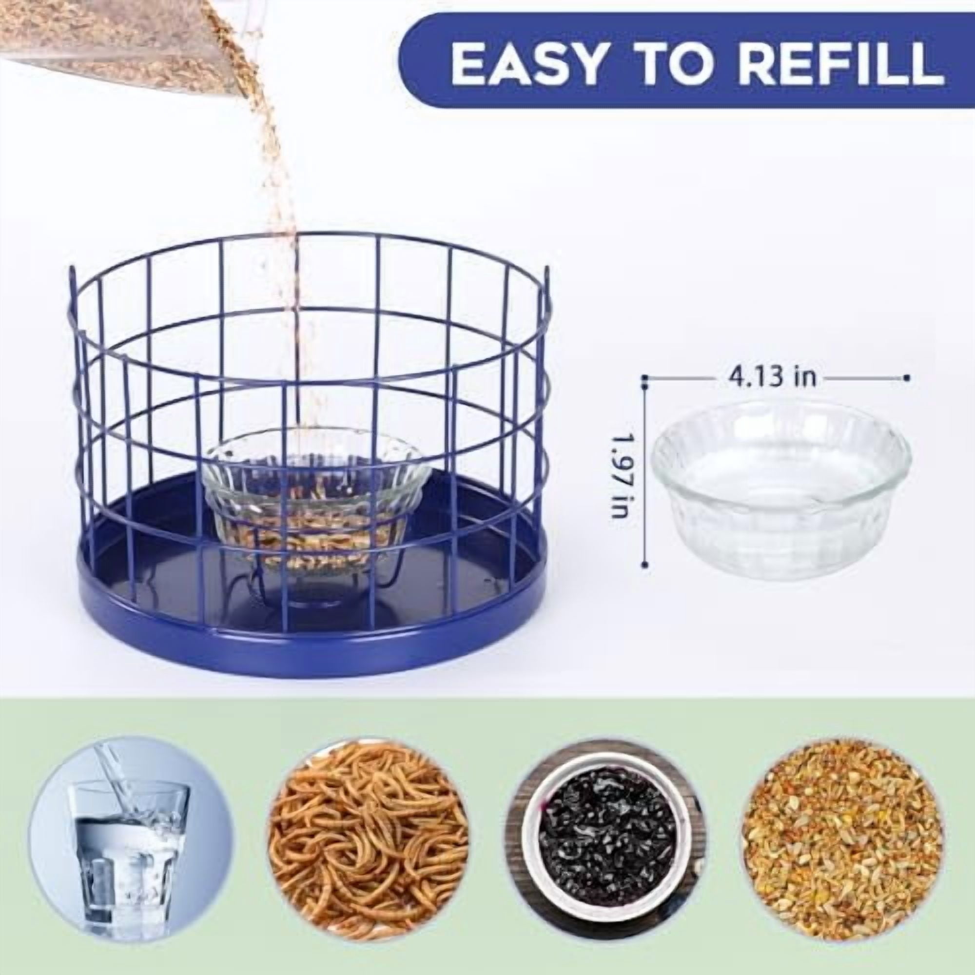 Caged Bluebird Feeder for Mealworms with Glass Bowl, Squirrel Proof Bird Feeder for Small Birds Only, Detachable Hook, Large Space, Outdoors Weatherproof, Metal, Blue