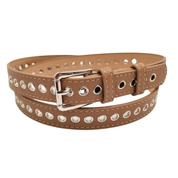 SWSMCLT Women's Faux Leather Grommet Belts Classic Casual Buckle Groove Belt Fashion Belt Metal Summer Khaki X-Small-Large