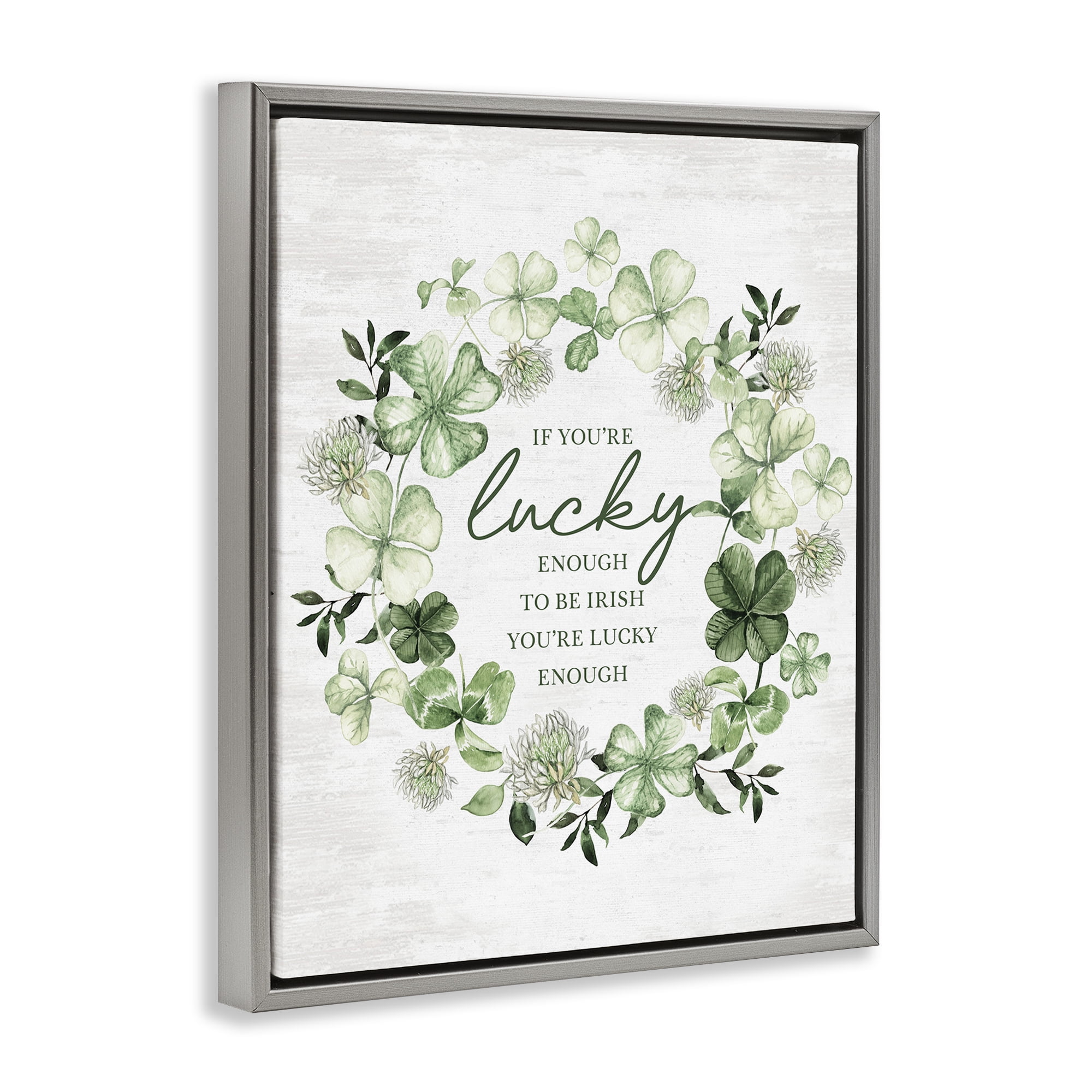 Stupell Industries Inspiring Lucky Wreath Botanical & Floral Painting Gray Floater Framed Canvas Art Print Wall Art, 25 x 31
