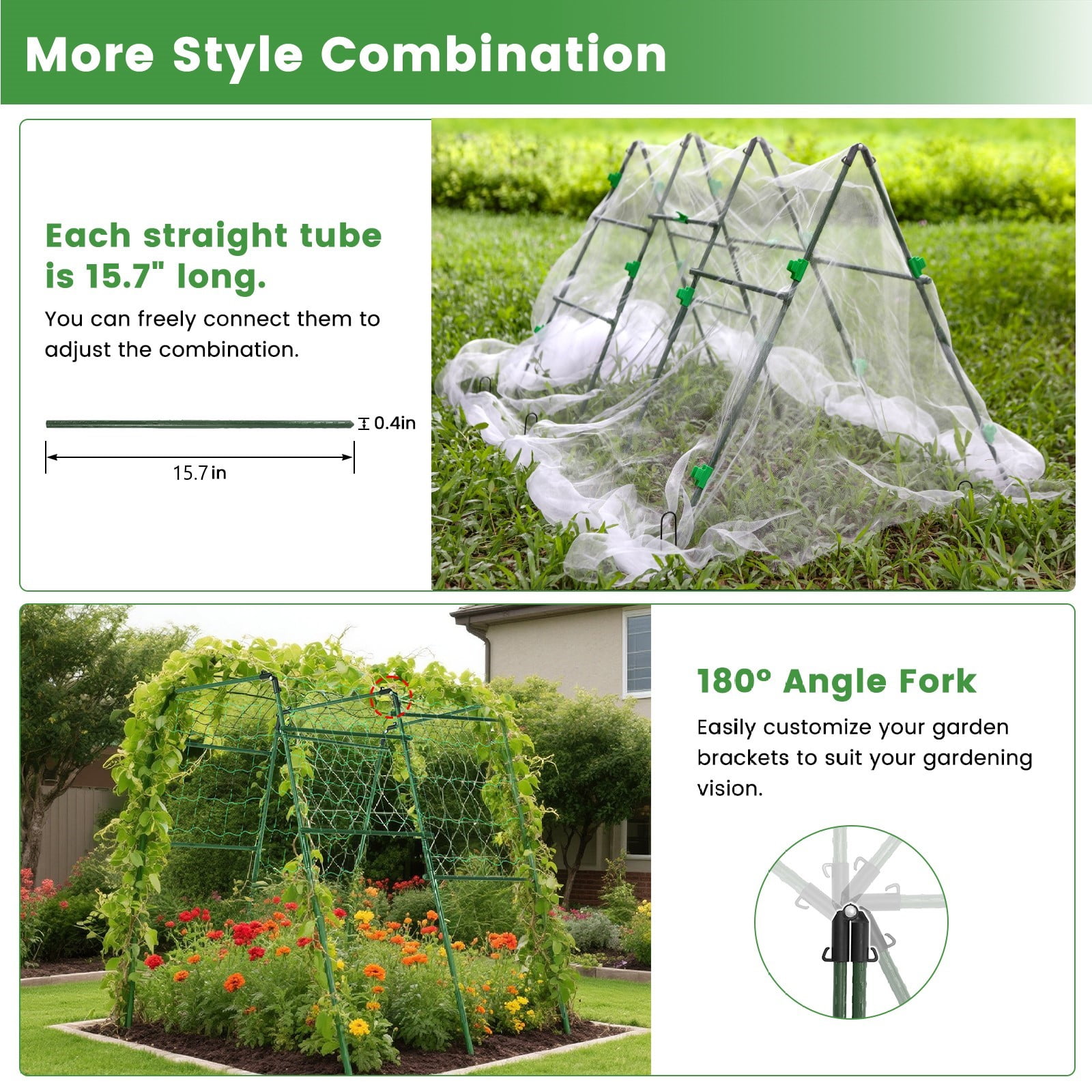 BEAMNOVA Garden Mesh Netting Kit with Support Pole - 8 x 24 ft Plant Cover with Bracket for Vegetable Fruits Flowers Vine Plants Climbing