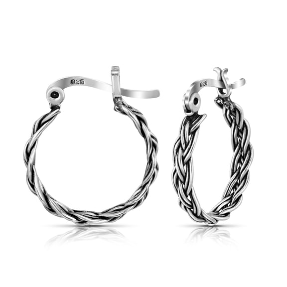 Intricately Beautiful Braided Sterling Silver V-Lock Hoop Earrings